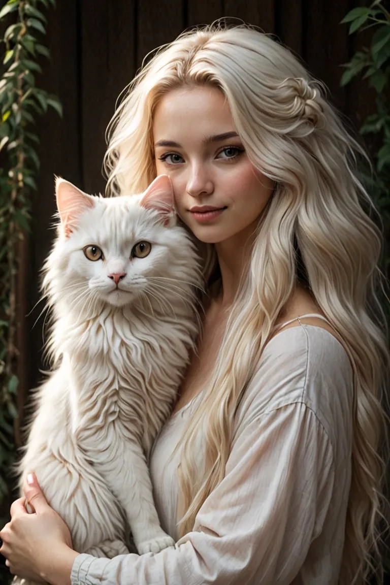 Portrait of a blonde woman holding a long haired white cat in a garden setting