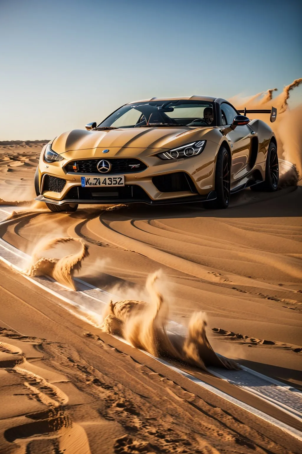 Gold Mercedes-Benz sports car driving through desert, kicking up sand
