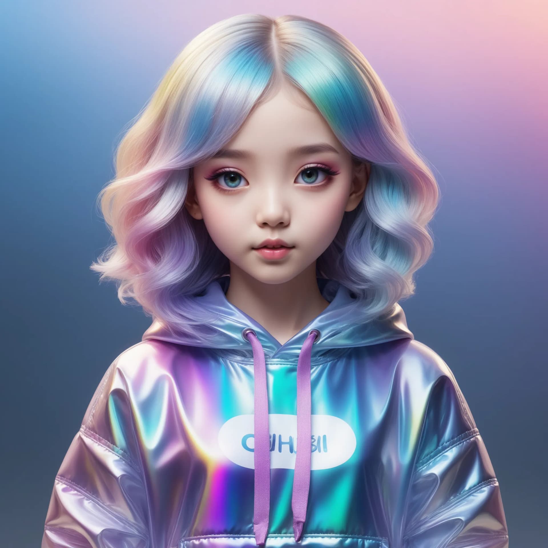 3D anime style girl with pastel rainbow hair wearing a holographic hoodie on a soft gradient background